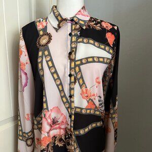 Milan Kiss Status Print Long Sleeve Button-Front Collar Blouse Poly Crepe Small